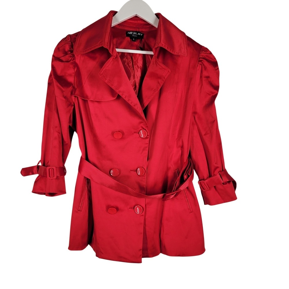 NESLAY Paris Red Satin Double Breasted Belted Trench Coat Jacket Womens Size L‎